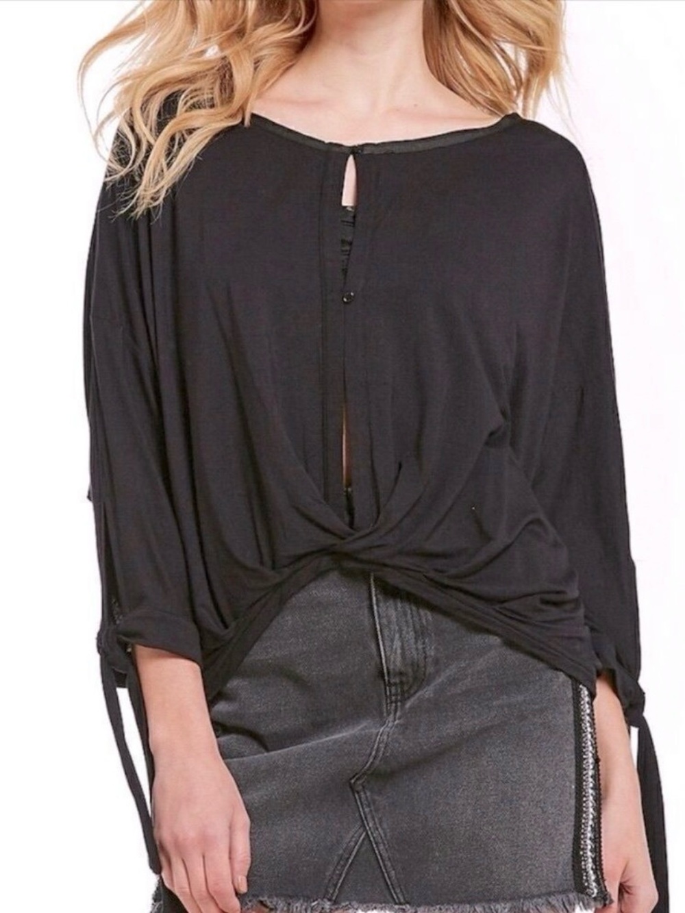 Free People Women’s Black Keyhole Tie-Sleeve Top - Picture 2 of 8